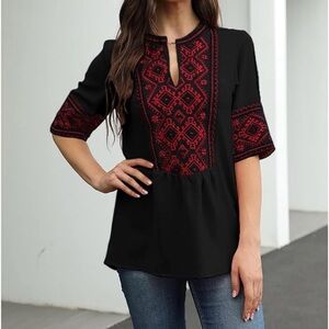 Amazon Bohemian Black Blouse with Red Embroidery
